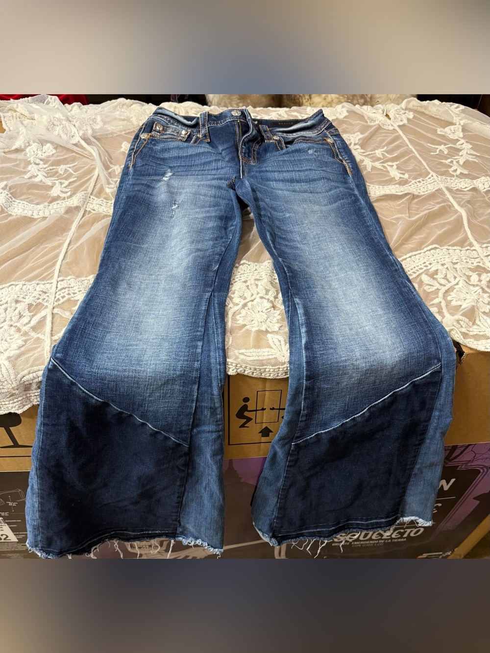 Miss Me Blue Distressed Flare Jeans with Dark Hem Panels